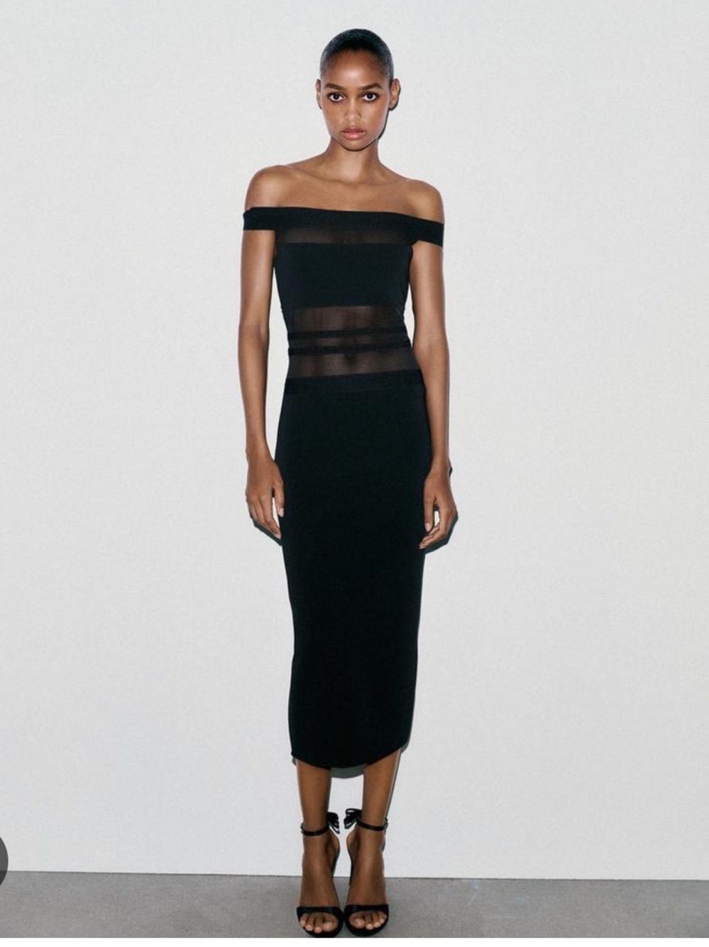 Zara Black Off-Shoulder Mesh-Panel Midi Dress | M